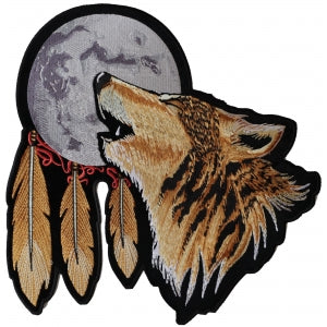 Large Howling Wolf Moon and Feathers Embroidered Iron on Patch