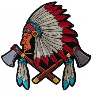 Indian Head Dress Axes and Feathers Embroidered Iron on Patch