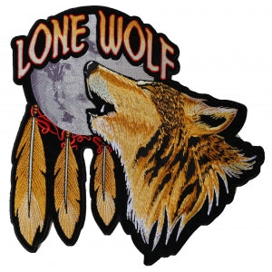 Lone Wolf Howling Moon and Feathers Embroidered Iron on Patch