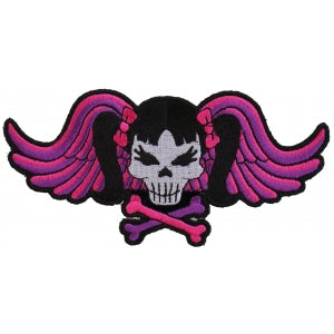 Pigtails Bow Skull and Wings Small Pink Patch